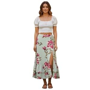 American Rag Cie Floral Midi Skirt w/ Front Split Size L | Hushed Green Combo
